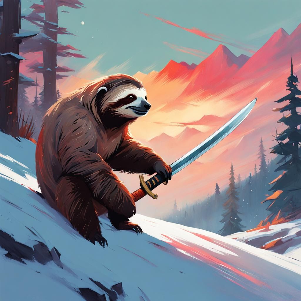 Sloth Warrior in Snowy Highlands Gouache Painting