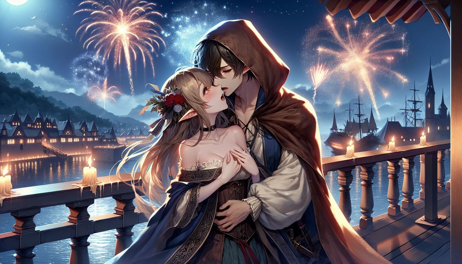 Romantic Anime Scene with Elf and Man on Rooftop