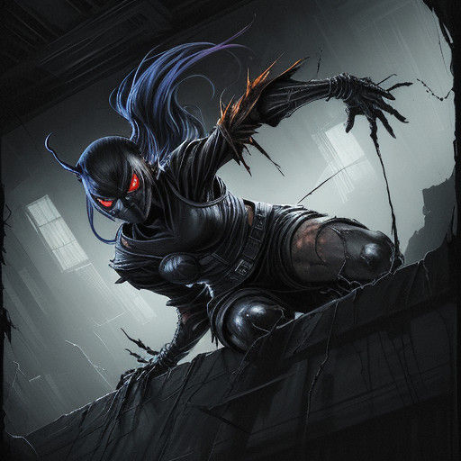 Dark Fantasy Ninja Spider Girl in Tattered Black Outfit