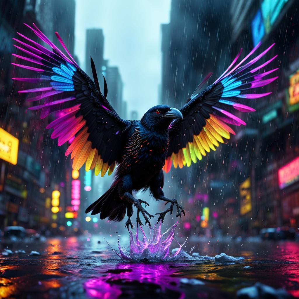 Rainbow Crow Soaring Through Cyberpunk Neon Rain
