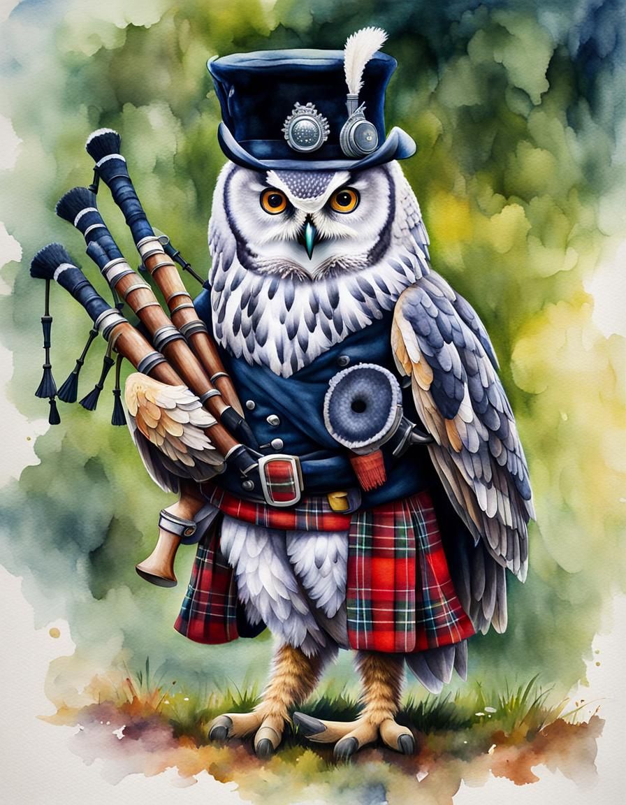 Hyperrealistic Scottish Owl Piper in Watercolor Style