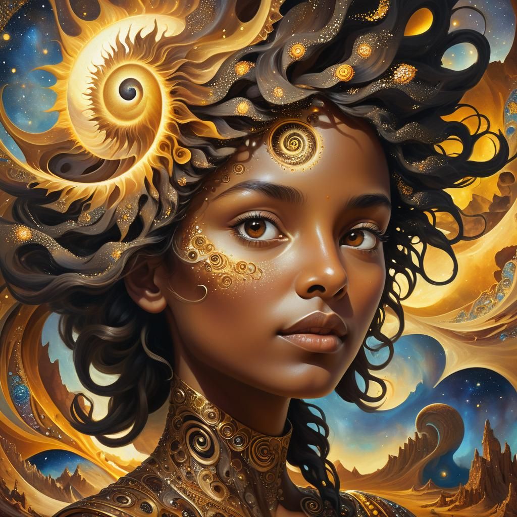Surreal Portrait with Golden Spirals in Nebulae