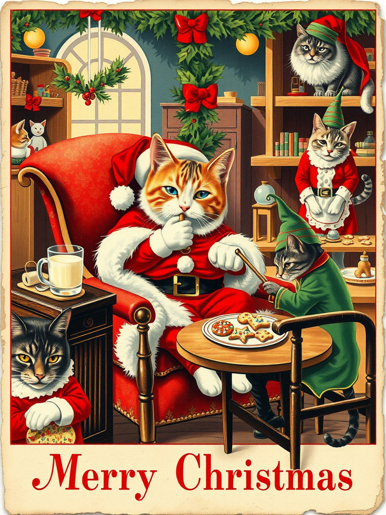 Vintage Christmas Card with Cats in Louis Wain Style