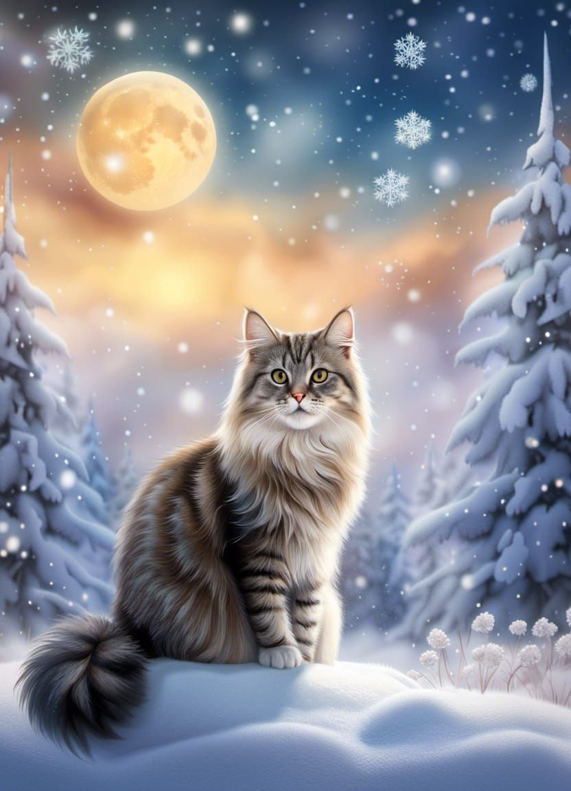 Winter Cat in snowy landscape.