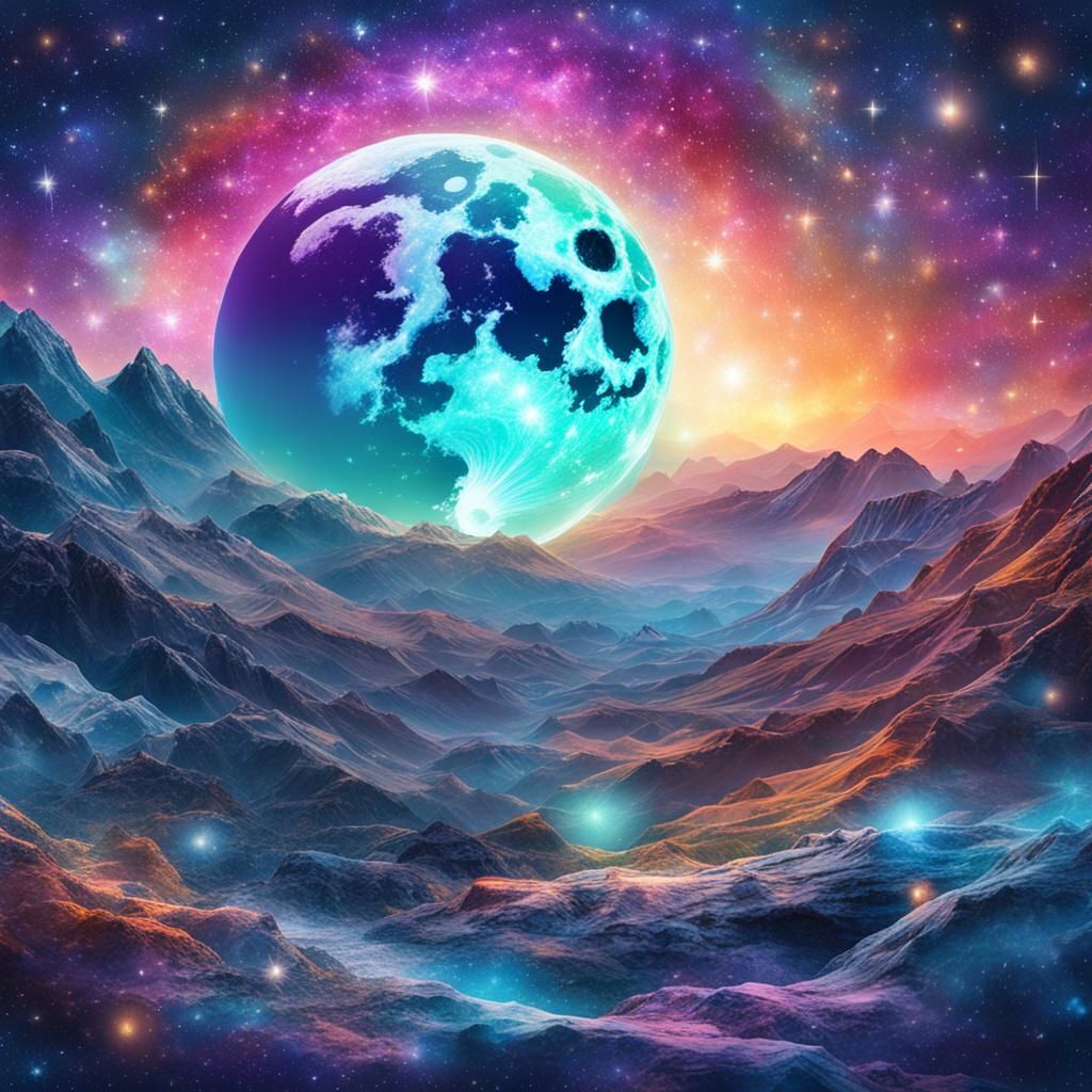 Cosmic Moon: Holographic Astral Illustration