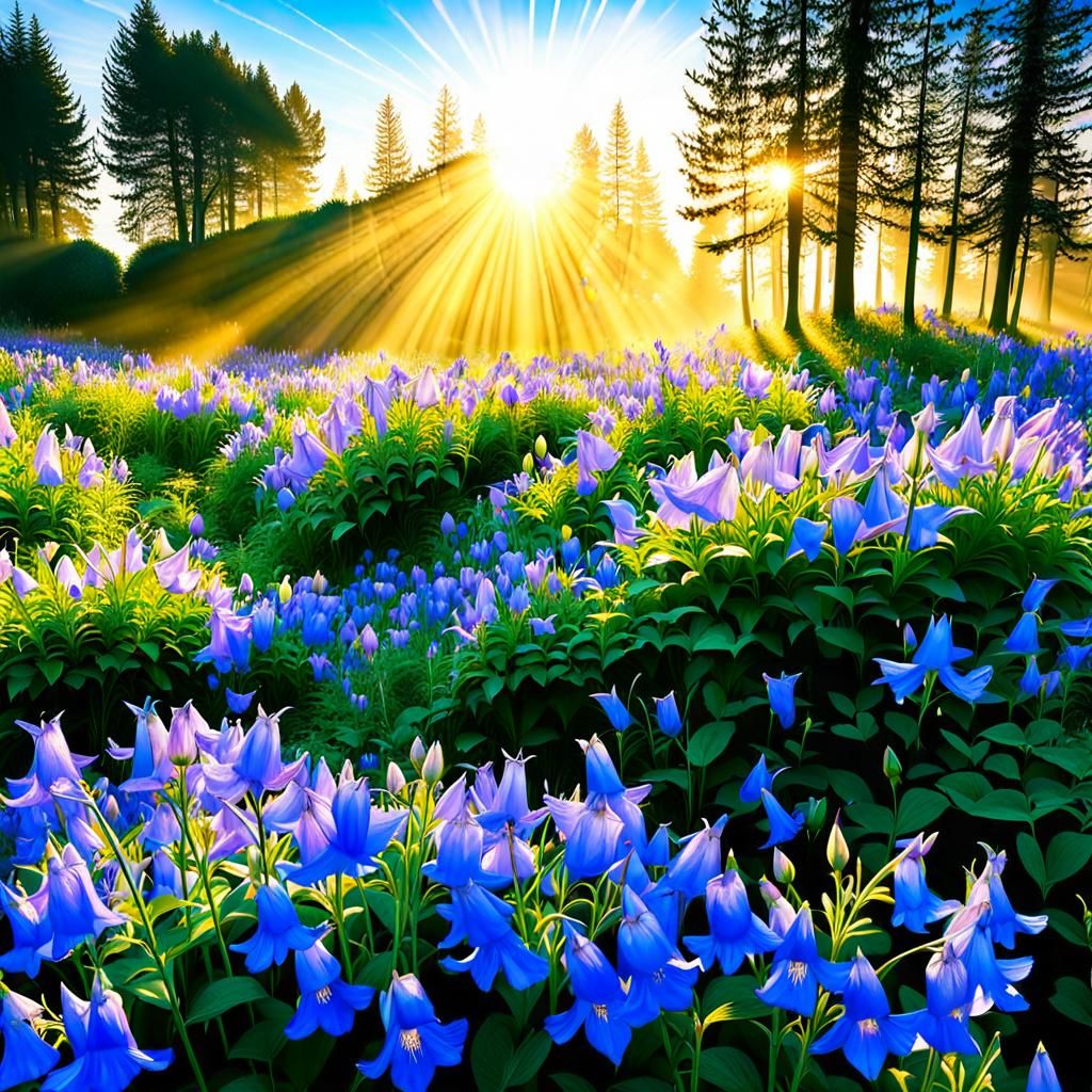 Bellflower Garden at Sunrise in Golden Light