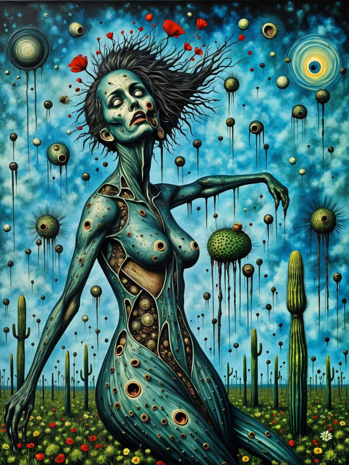 Surreal Woman Amidst a Dark Fantasy Landscape