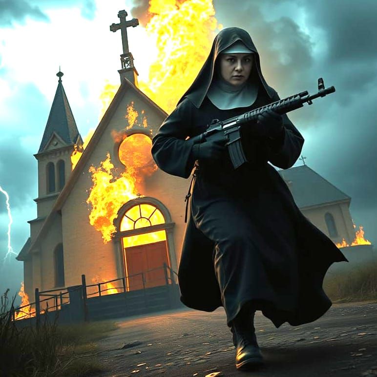 Nun Escaping Burning Church with AK47, Dystopian Art