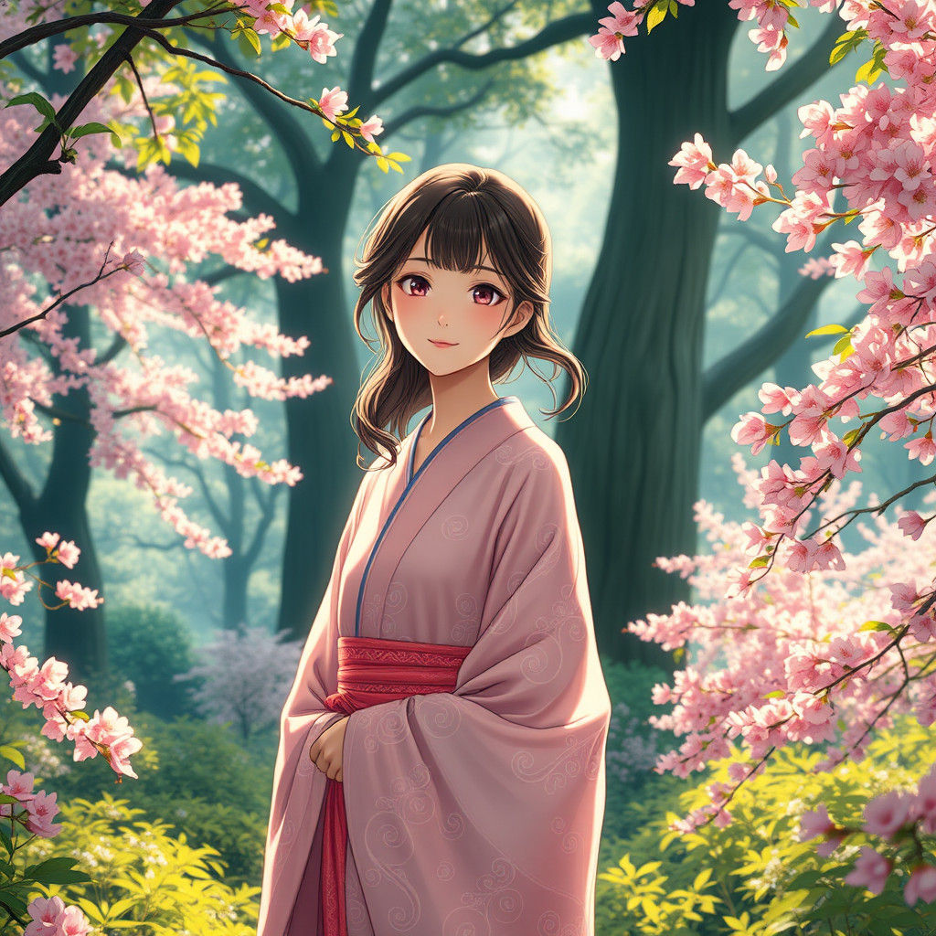 Dedenne Girl in Cherry Blossom Forest, Anime Style