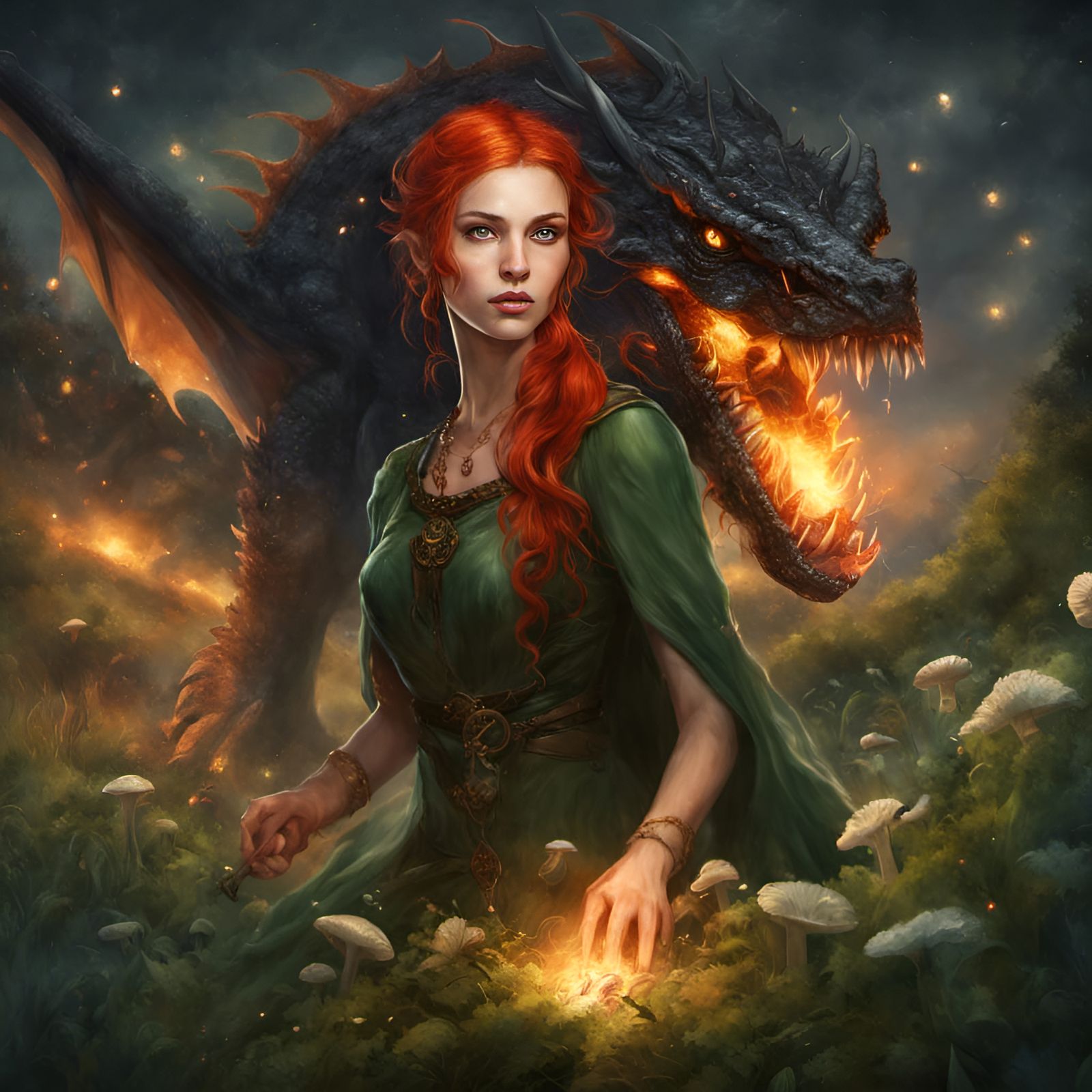 Elven Goddess and Dragon in Magical Meadow
