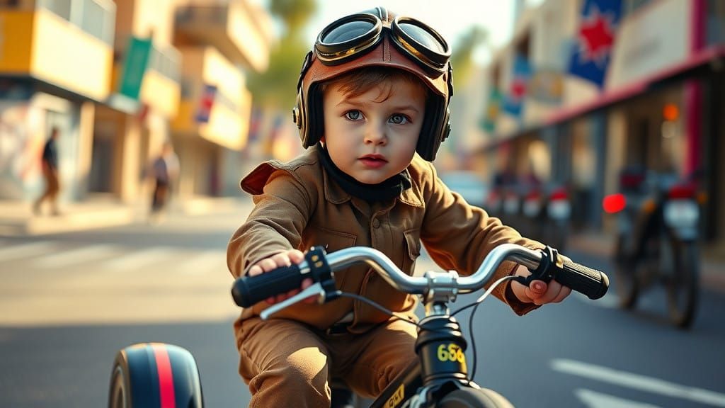 Miniature Aviator Rides Vintage Bike in Sun-Drenched Street