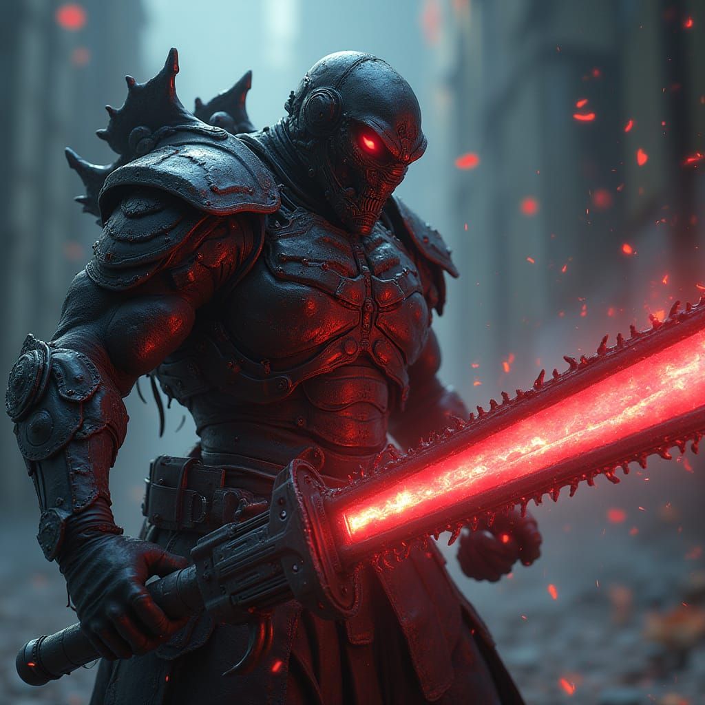 Warrior with Chainsaw Zweihander in Futuristic Style