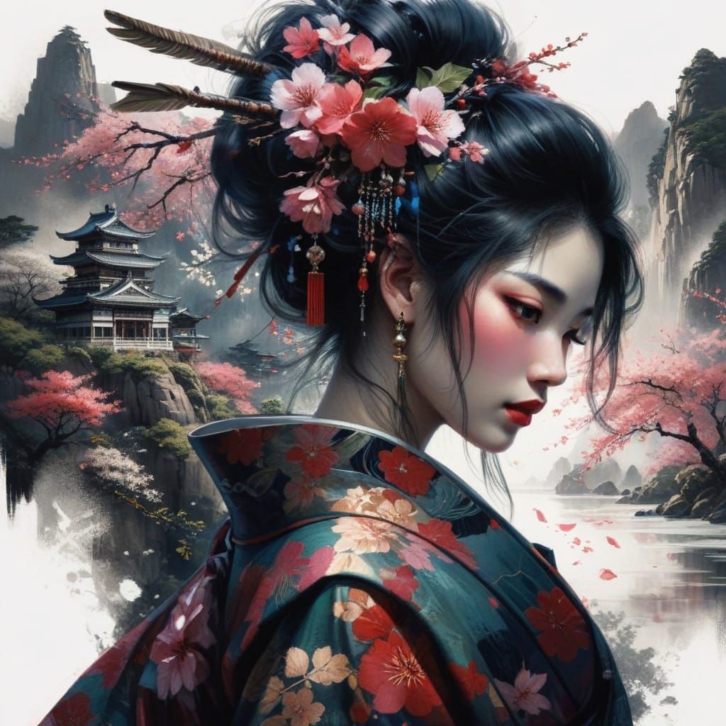 Romanticized Portrait in Traditional Japanese Aesthetic