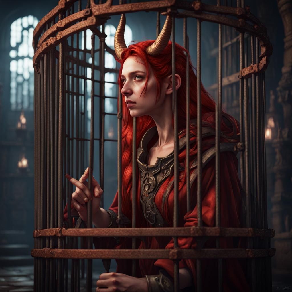 Elf Girl with Horns Trapped in Dungeon Cage