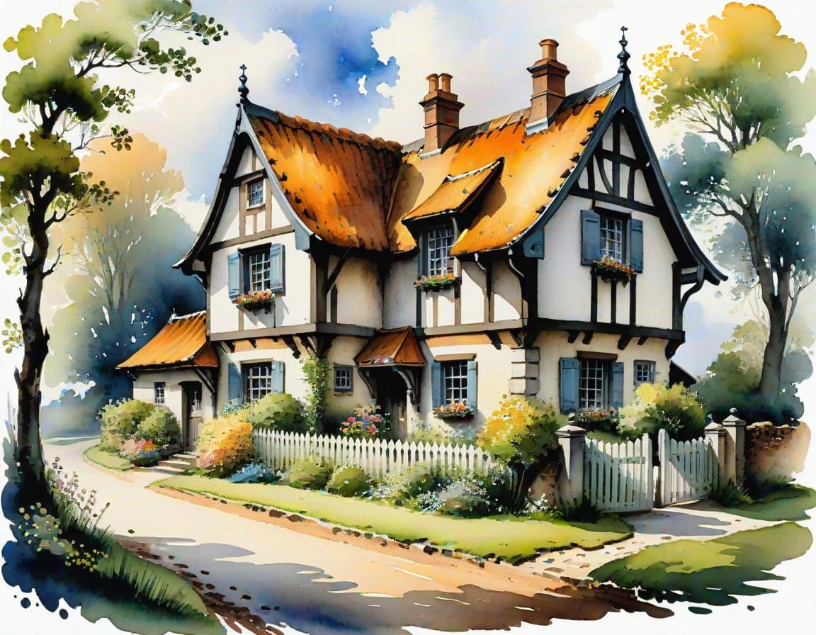 Charming 19th Century Cottage Watercolor Illustration