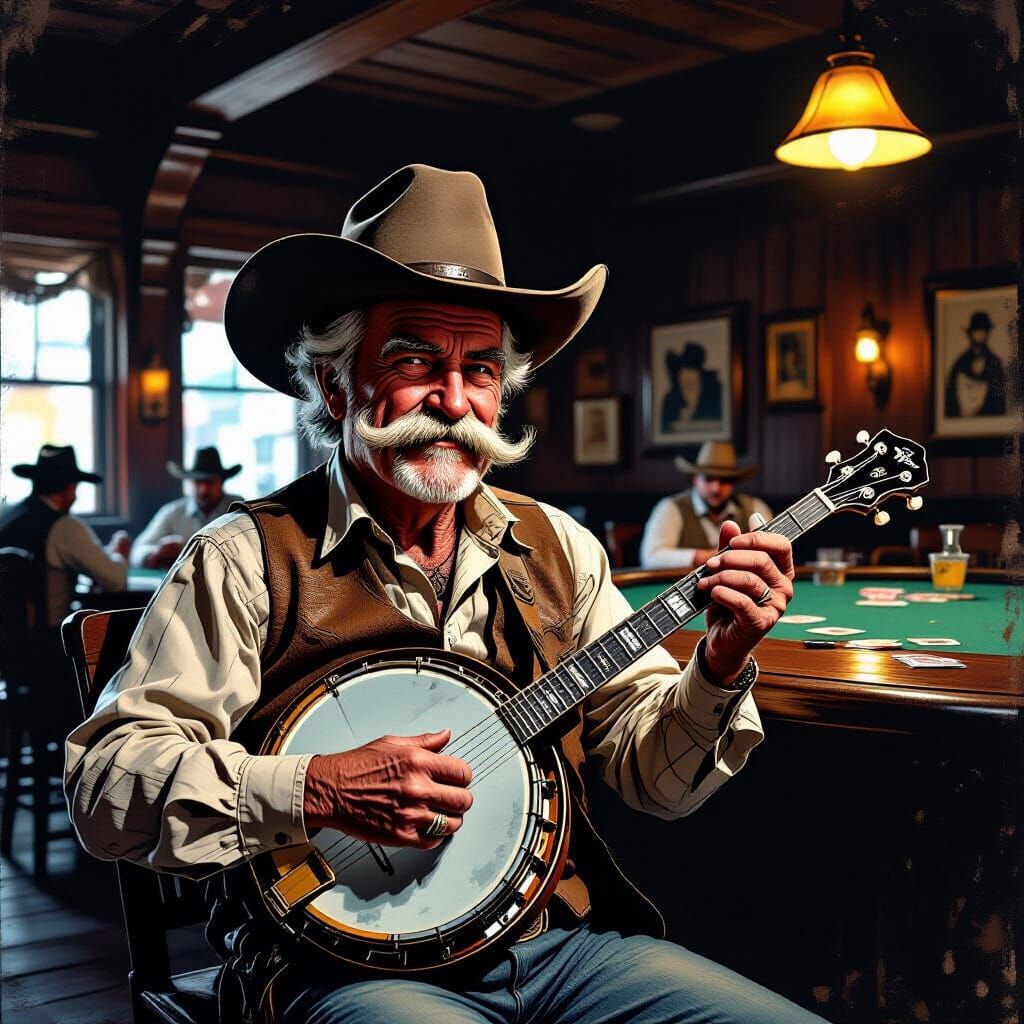 Gritty Noir Caricature of Cowboy Banjo Player in Saloon