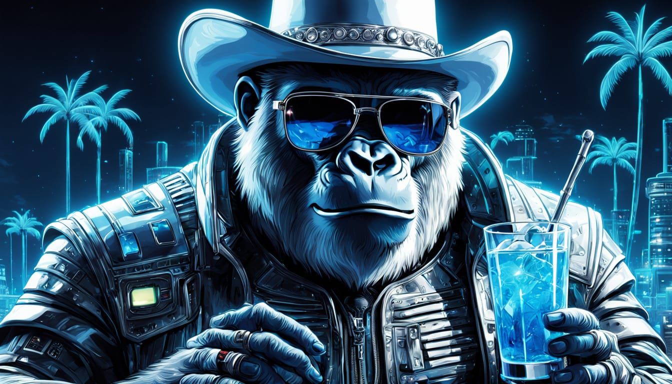 Robotic Gorilla Sipping Cocktail in Cyberpunk Comic Art