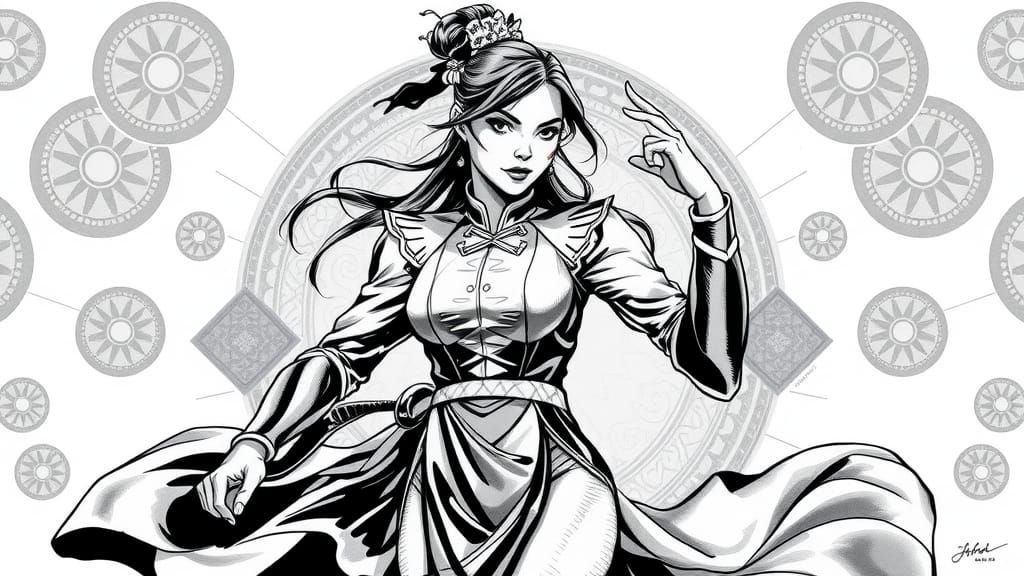 Vietnamese Superheroine Ink Drawing in Comic Style
