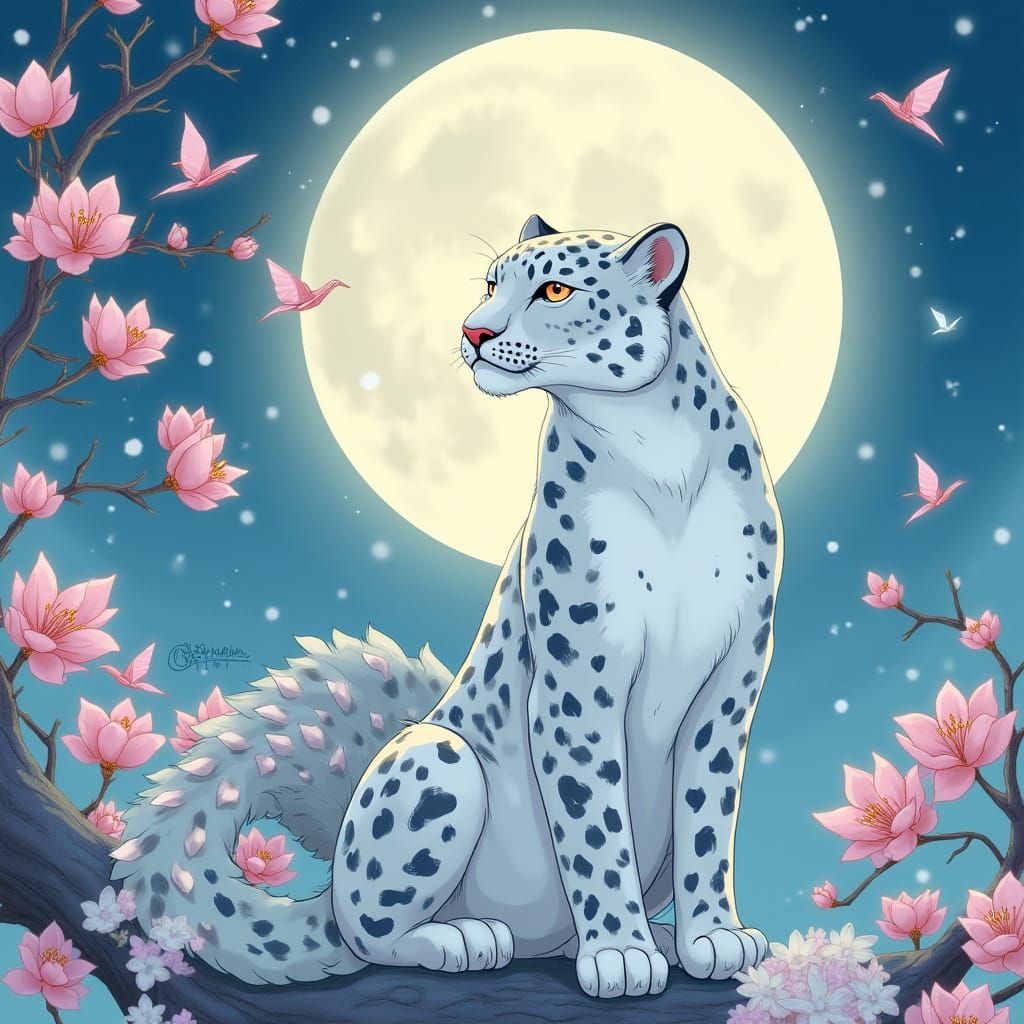Snow Leopard Basks in Moonlit Whimsy