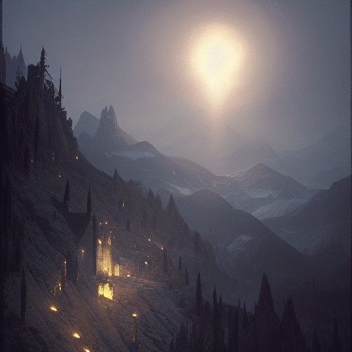 Sinister Mountainside Keep Lit by Torches at Night