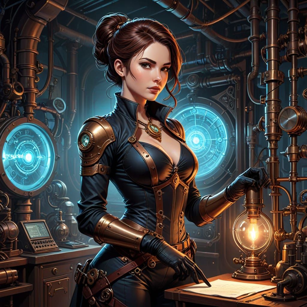 Steampunk Female Inventor in Elegant Lab Setting