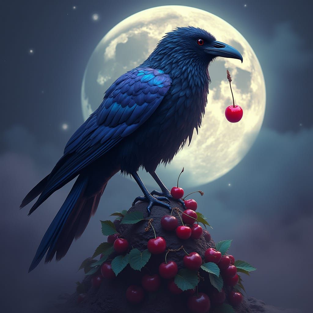 Majestic Raven Perched on Glowing Moon with Cherry