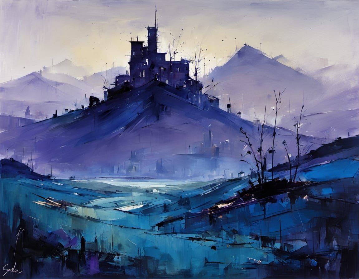 Abstract Night Landscape in Blue and Violet