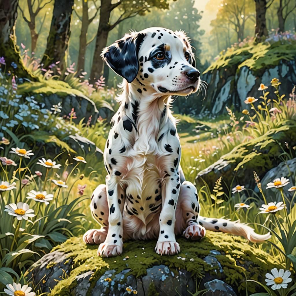 Dalmatian Dragon Puppy in Sunny Meadow, Watercolor Style