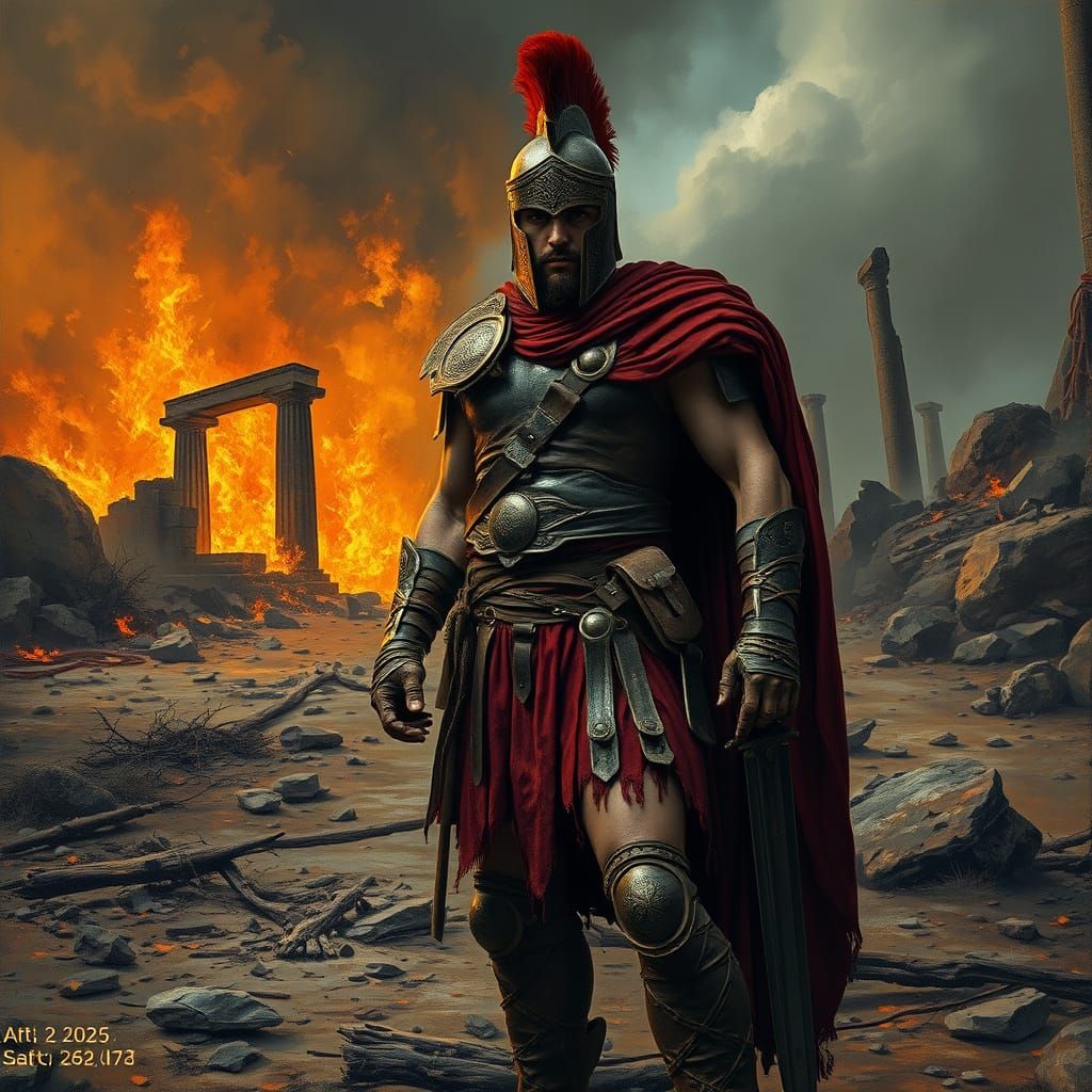 Spartan Warrior in Desolate Landscape, Ominous Oil Painting