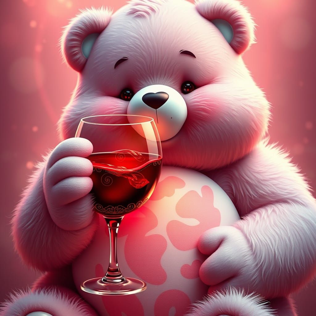 Hyperrealistic Care Bear with Wine Glass in Whimsical Dreaml...