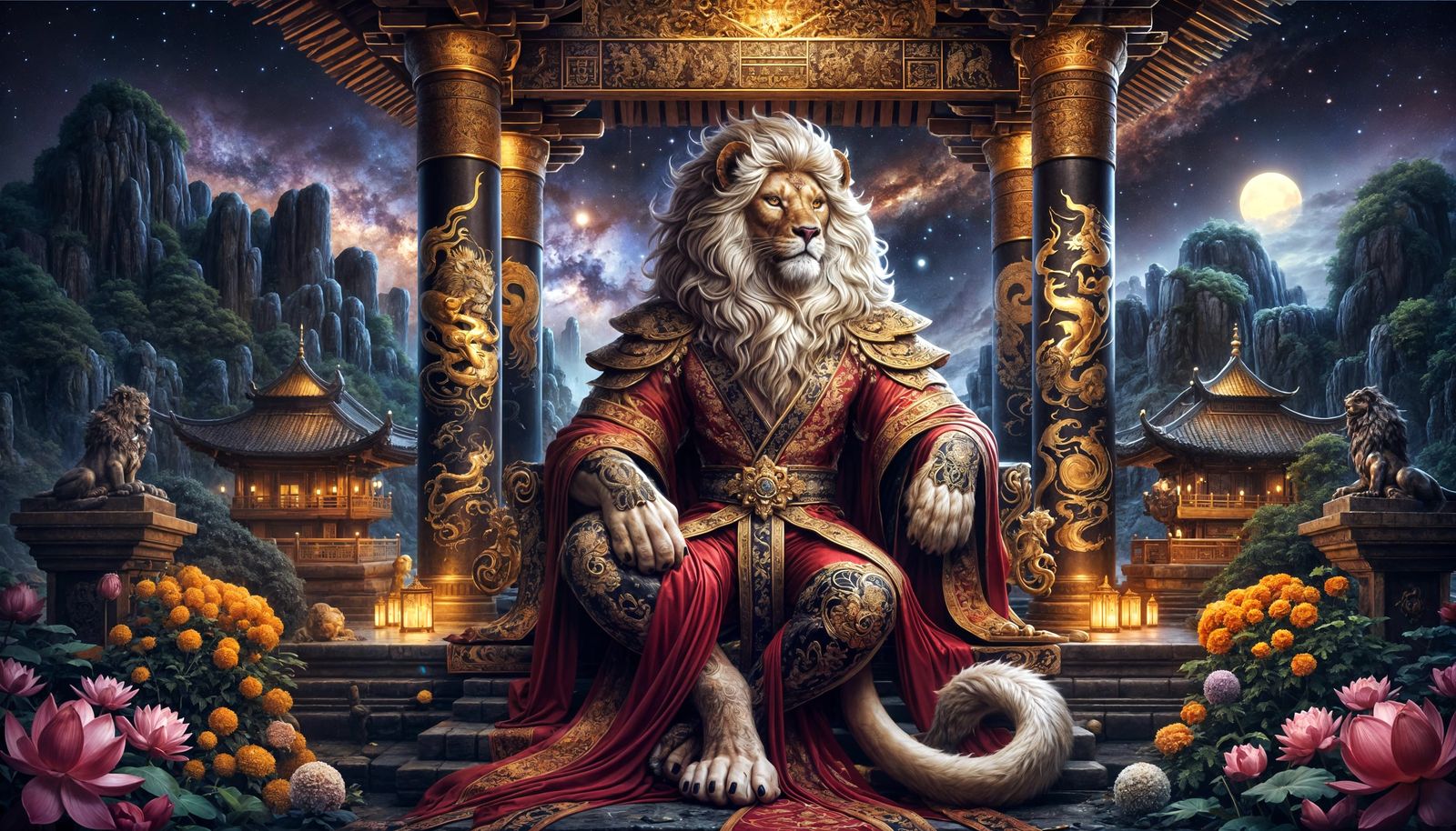 Regal Asian Lion King on Ornate Throne