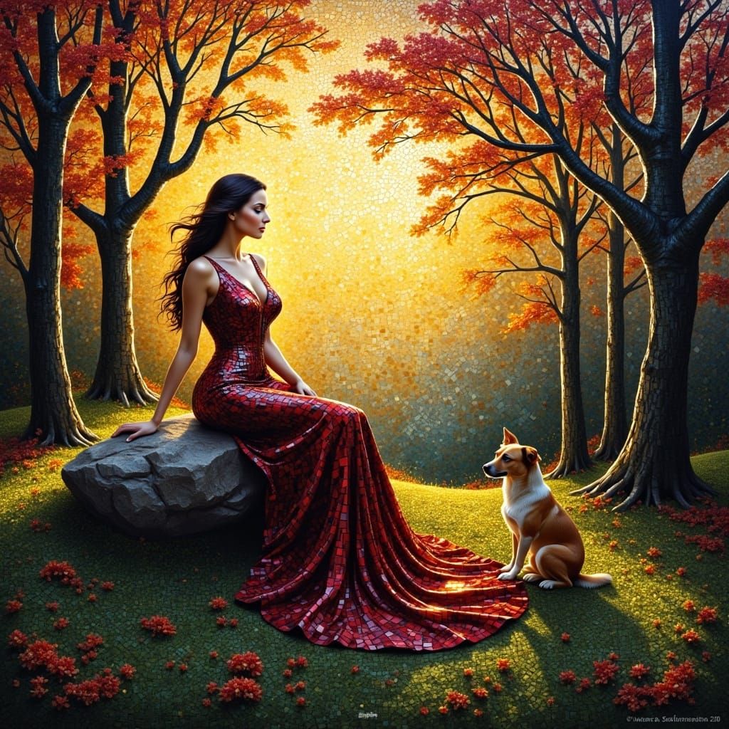 Woman and Dog in Autumn Forest at Sunset, Mosaic Style