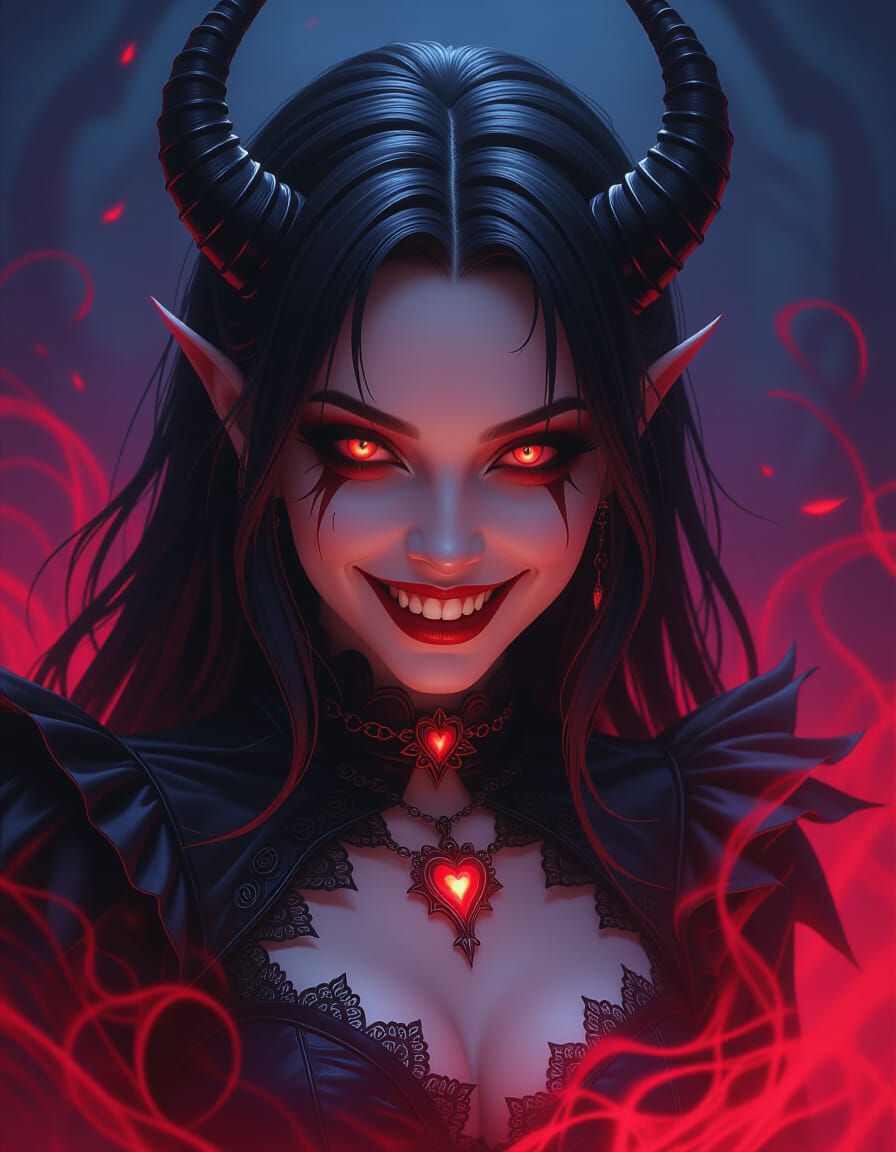Goth Demon Girl with Glowing Eyes in Crimson Mist
