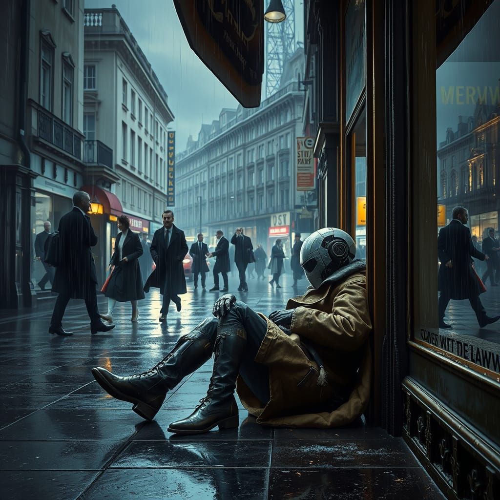 Android Sleeping Rough in London, Dystopian Digital Art