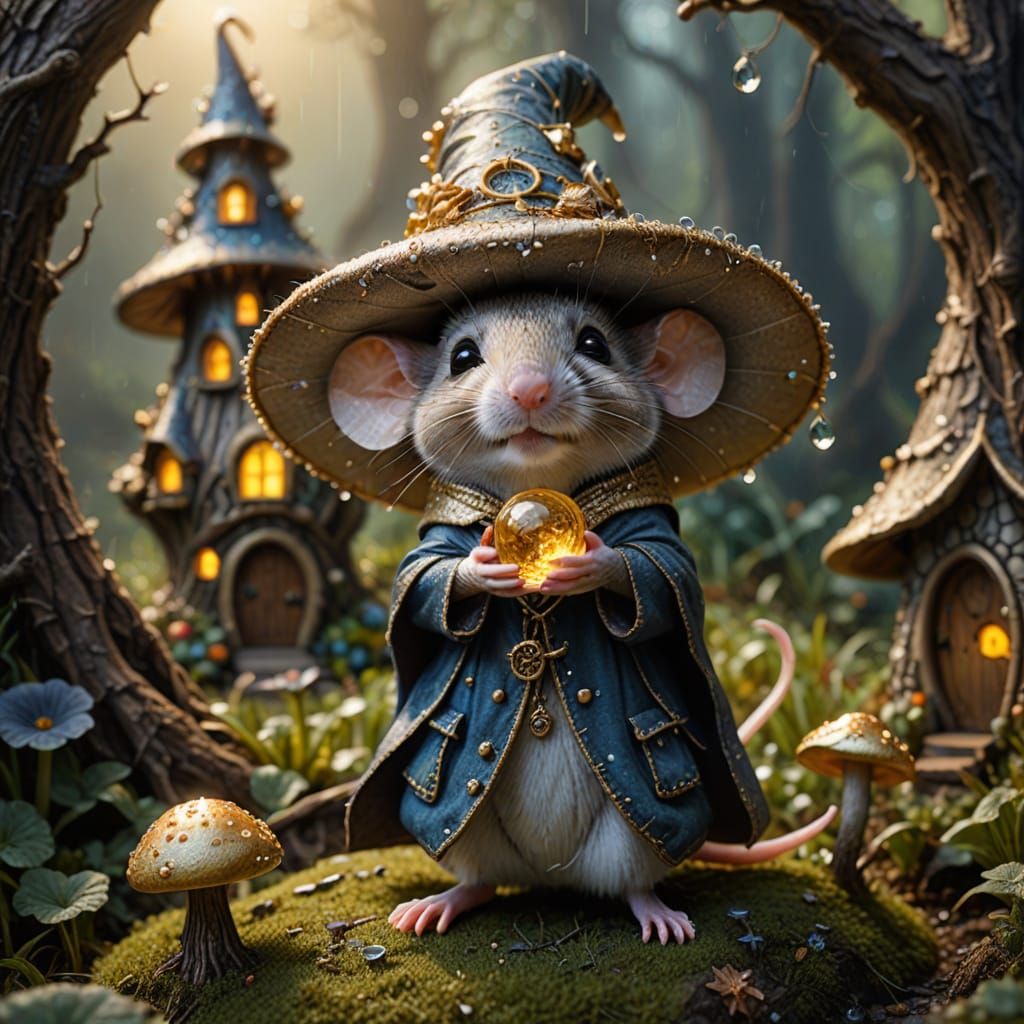 Fairytale Mouse Wizard with Glowing Orb: Macro Photo