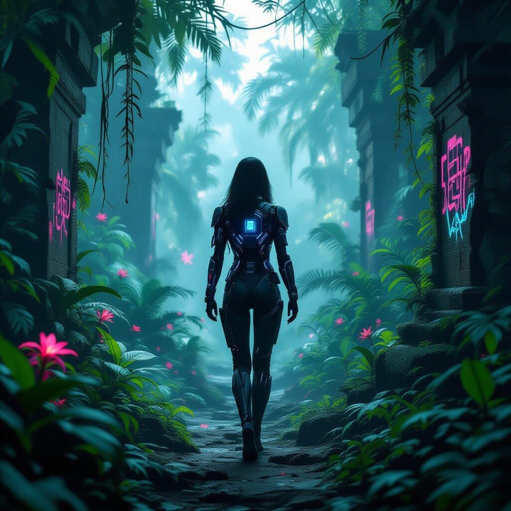 Cybernetic Woman in Bioluminescent Alien Jungle