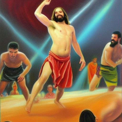 Jesus Enters Pickle Wrestling Ring as Oil Painting