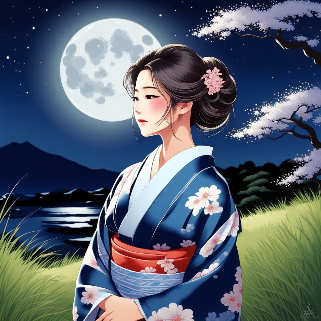 Moonlit Beauty in Kimono: Fantasy Art