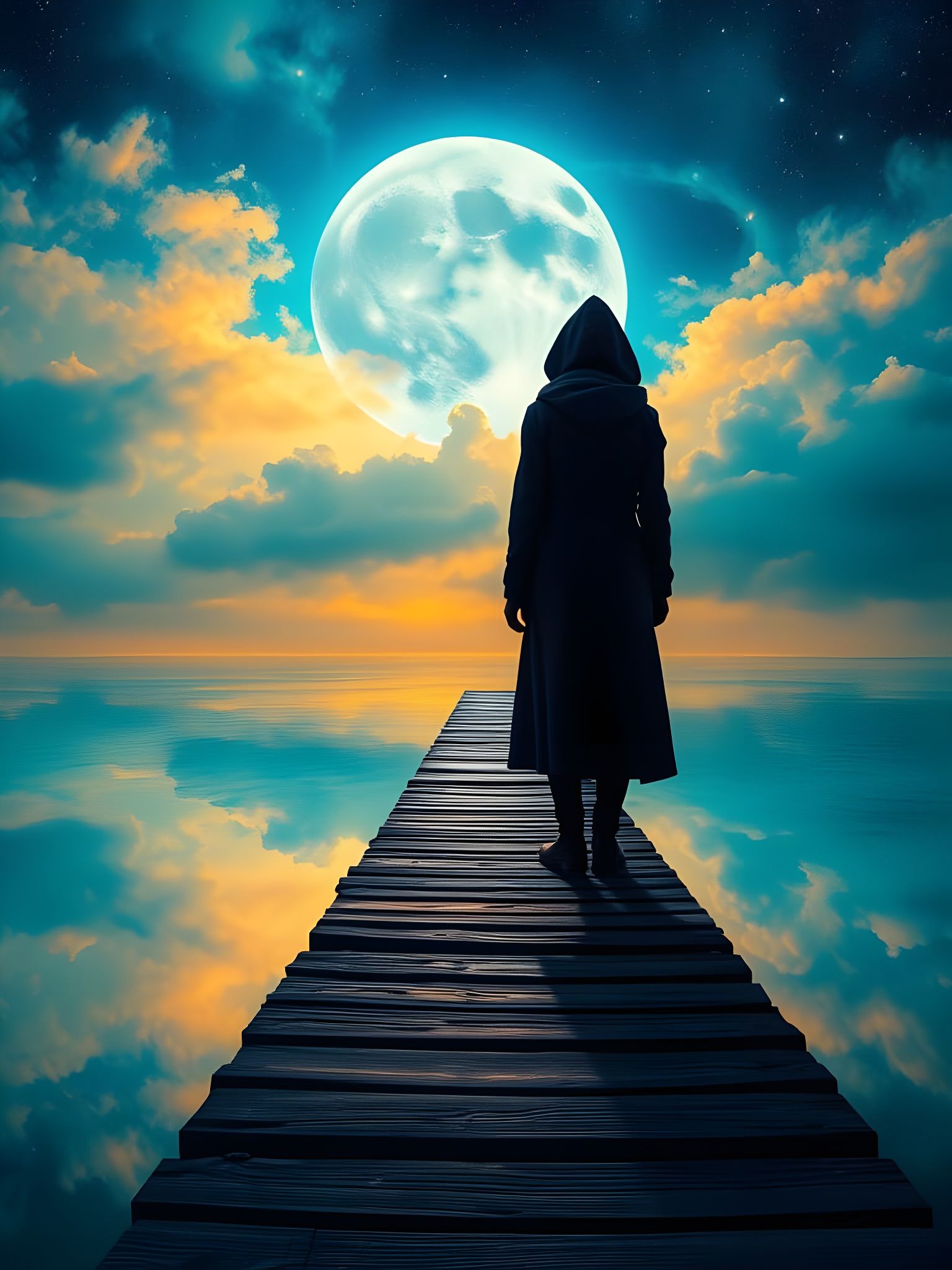 Surreal Moonlit Pier Scene with Cosmic Reflections