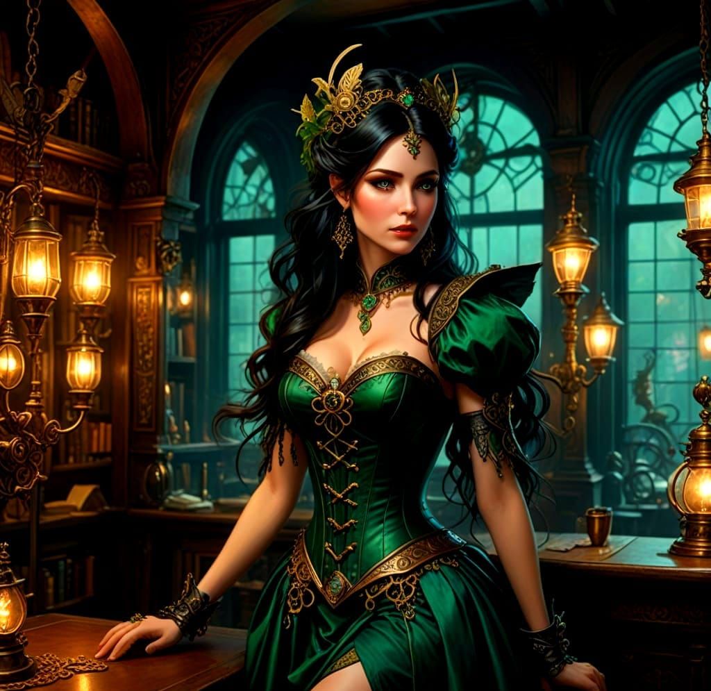 Elegant Steam Punk Fairy Sips Drink in Emerald Regalia