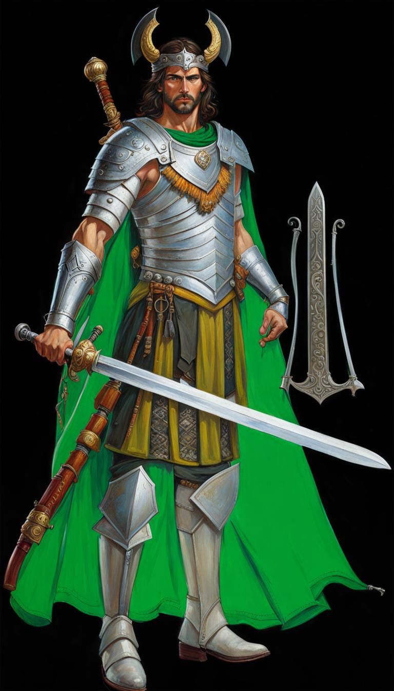 Green-Eyed Warrior with Sword and Flail