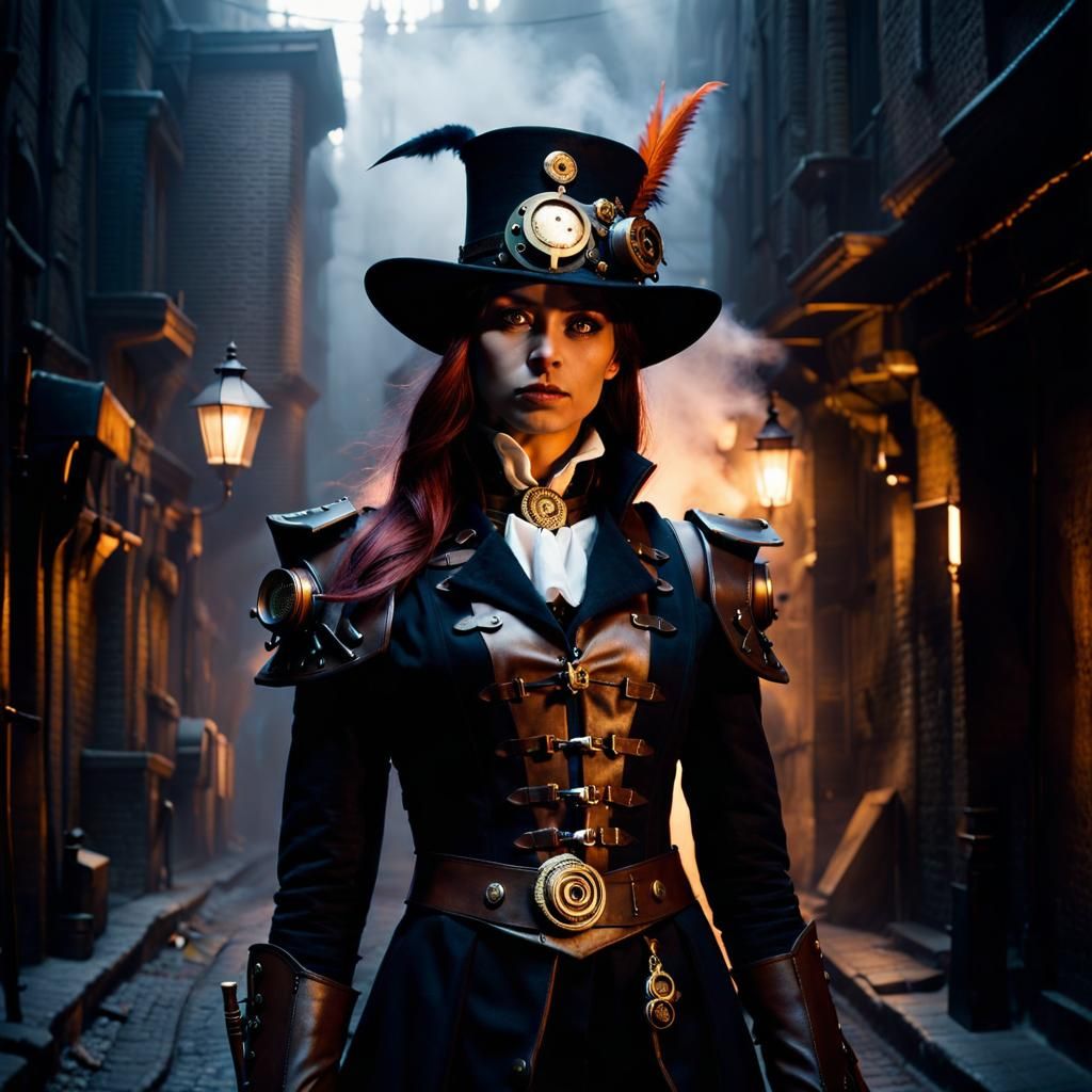 Steampunk Half-Elf Witch Hunter in Victorian Alleyway