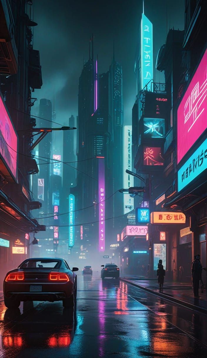 Cyberpunk Cityscape at Night, with Flying Vehicles and Neon....