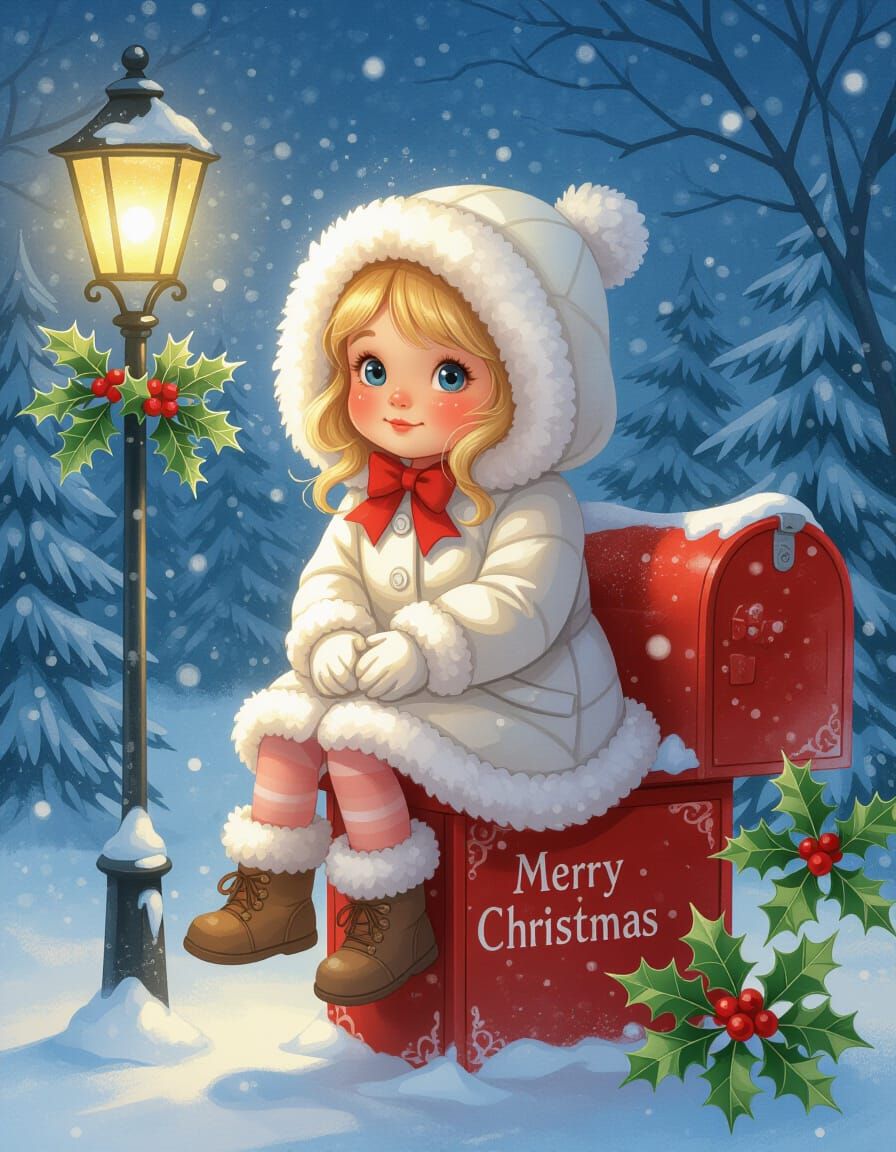 Charming Girl on Vintage Mailbox in Snowy Holiday Scene