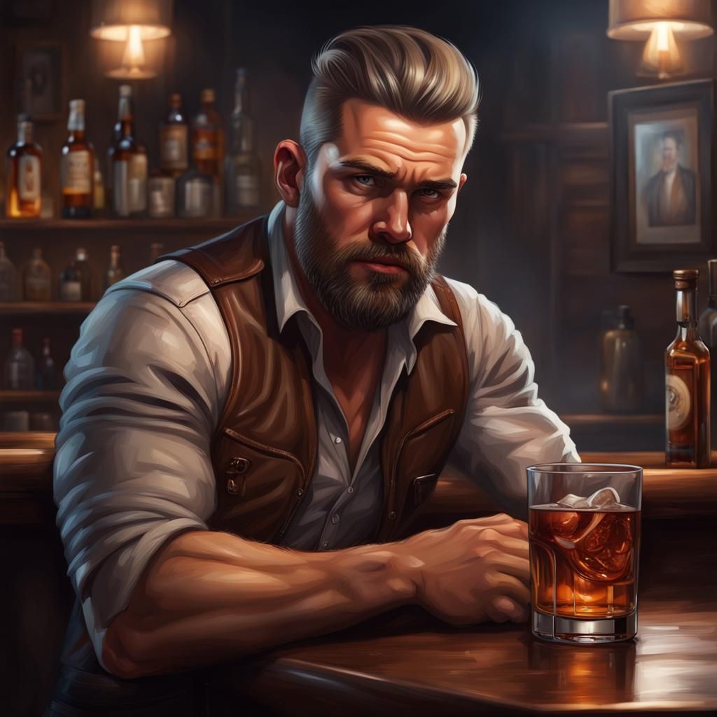 Masculine Man Drinking Whiskey in Smoky Bar