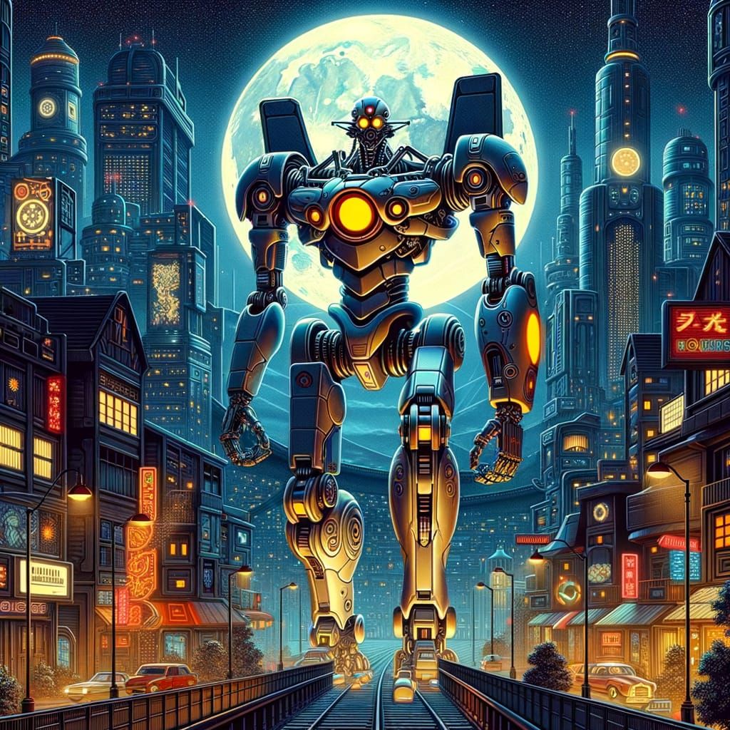 Retro Robot in Futuristic Cityscape