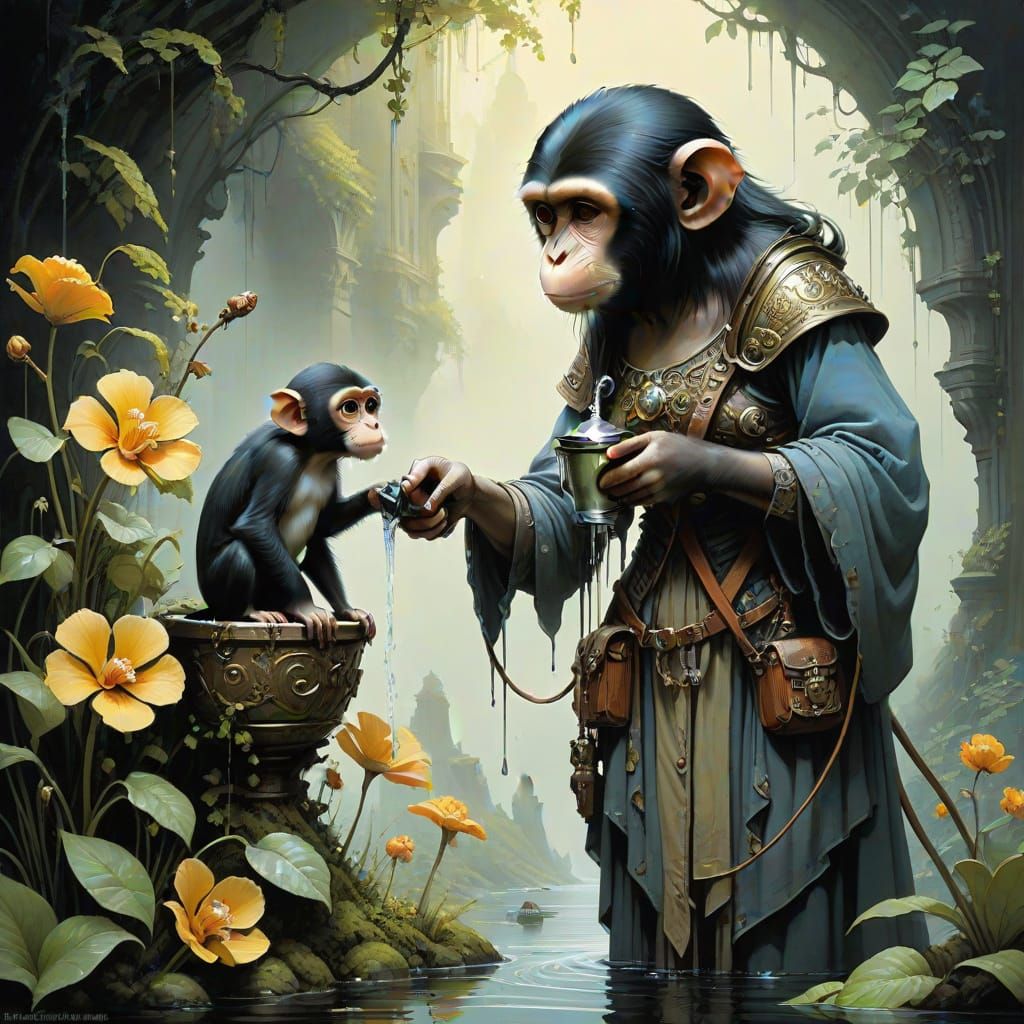 Woman and Monkey Gardening: Detailed Mixed-Media Collage