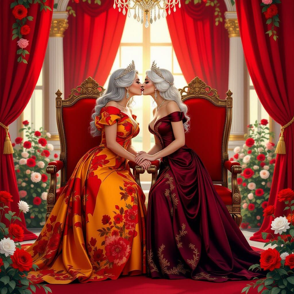 Queens Kissing in Opulent Red Room, Hyperrealistic Watercolo...