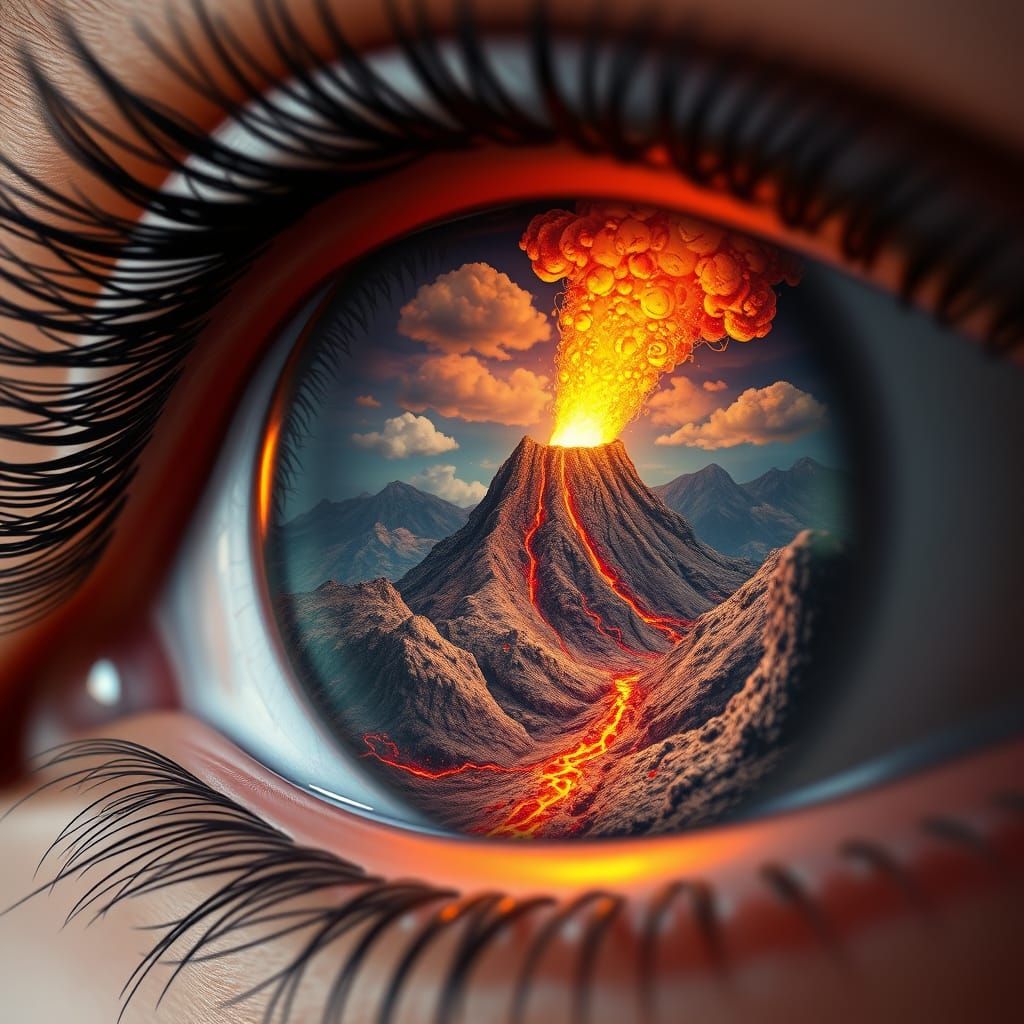A beautiful miniature volcano inside a human Eye, volcano eruption and it's landscape backdrop, , lava flowing out, in w...