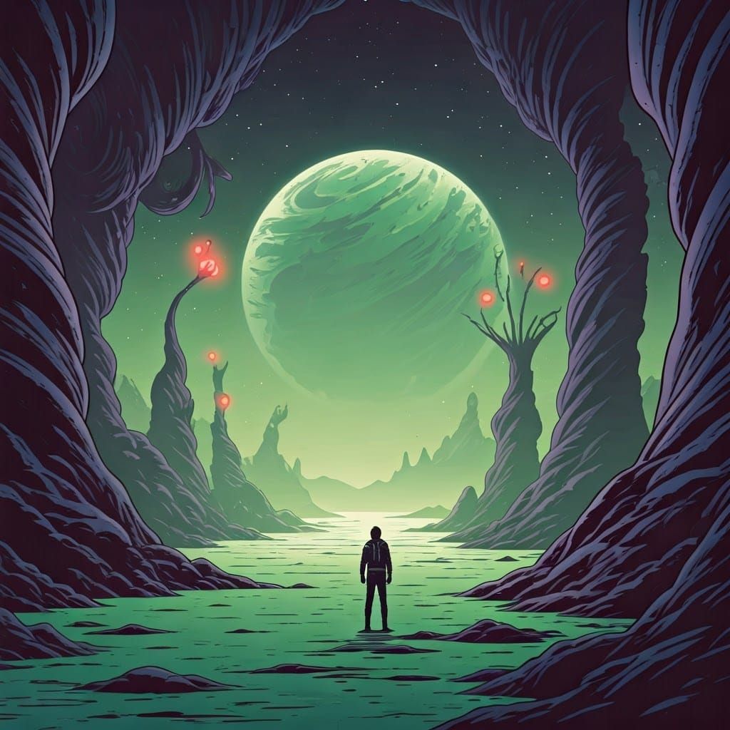 Surreal Green Planet in Comic Book Style